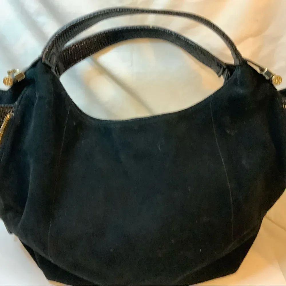 Anne Fontaine Leather suede Black Tote Bag side zip double handles 16”x11”x6”
